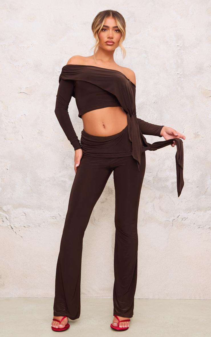 Chocolate Slinky Ruched Tie Detail Flare Trousers Product Image