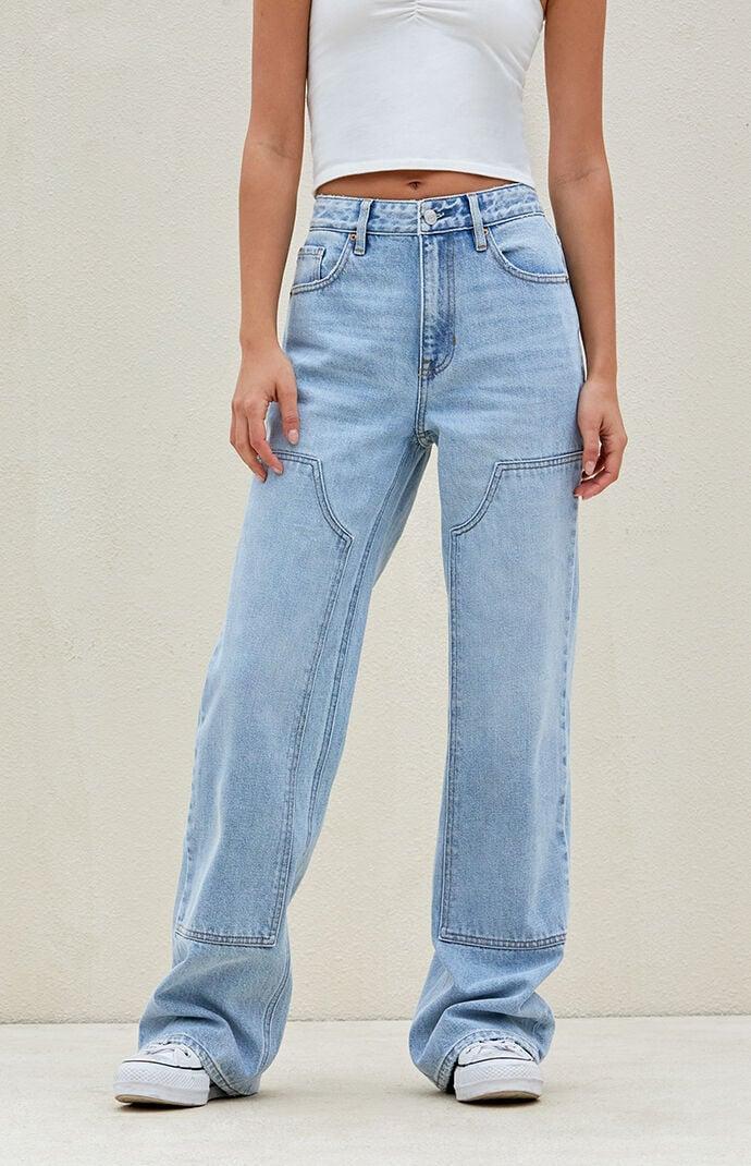 Women's Light Indigo Panel High Waisted Girlfriend Jeans Product Image