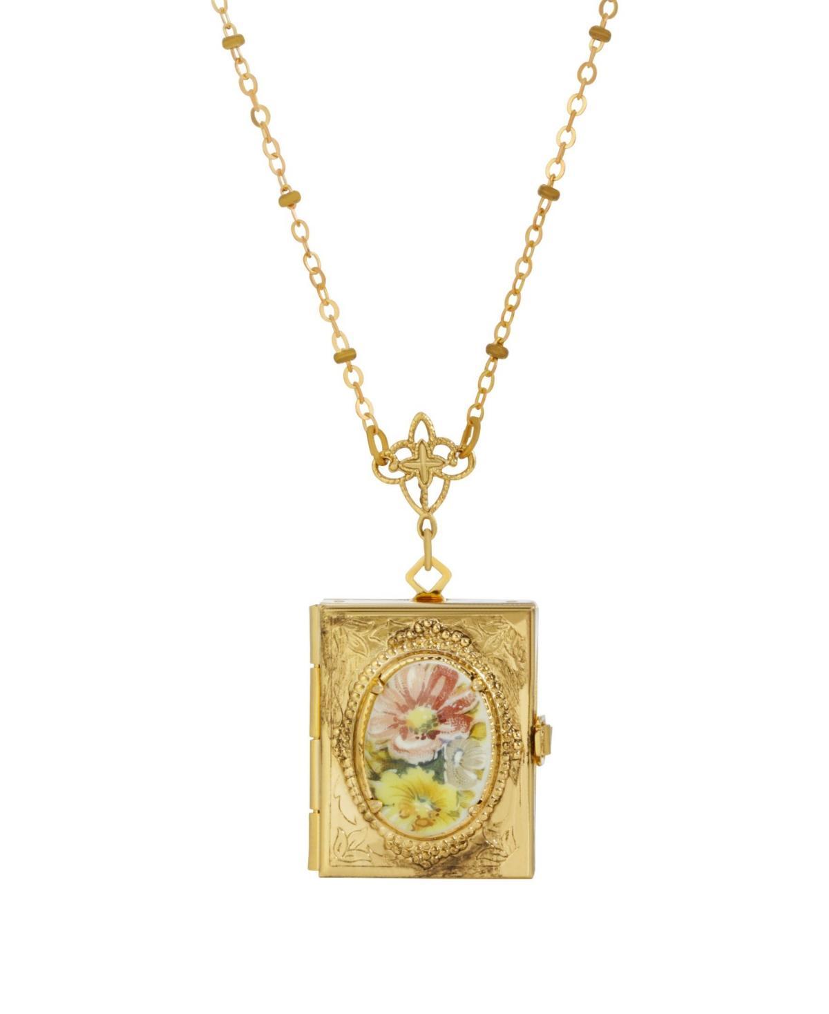 1928 Gold Tone Multi Color Floral Cabochon Four-Slot Book Locket Necklace, Womens, White Product Image