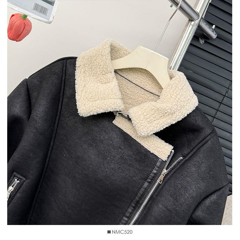 Fleece-Lined Faux-Suede Biker Jacket Product Image