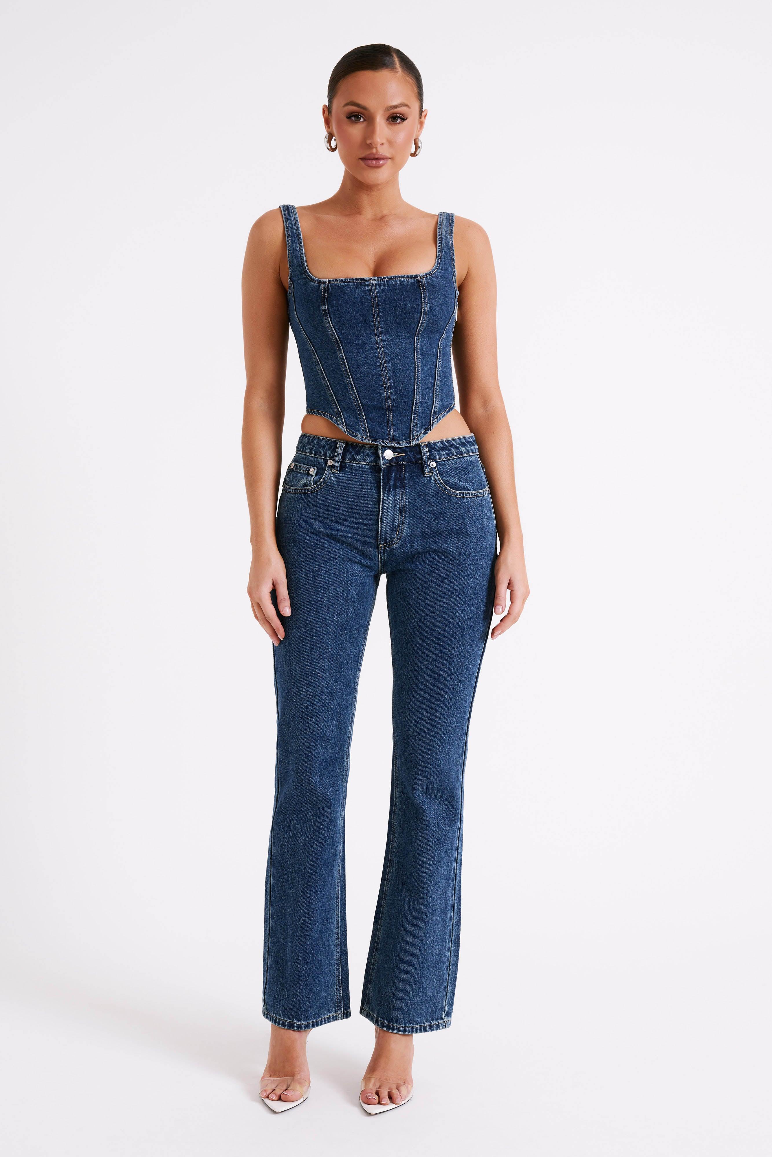 Bianca Denim Lace Up Corset - Dark Blue Product Image