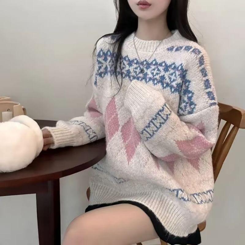 Round Neck Argyle Sweater Product Image