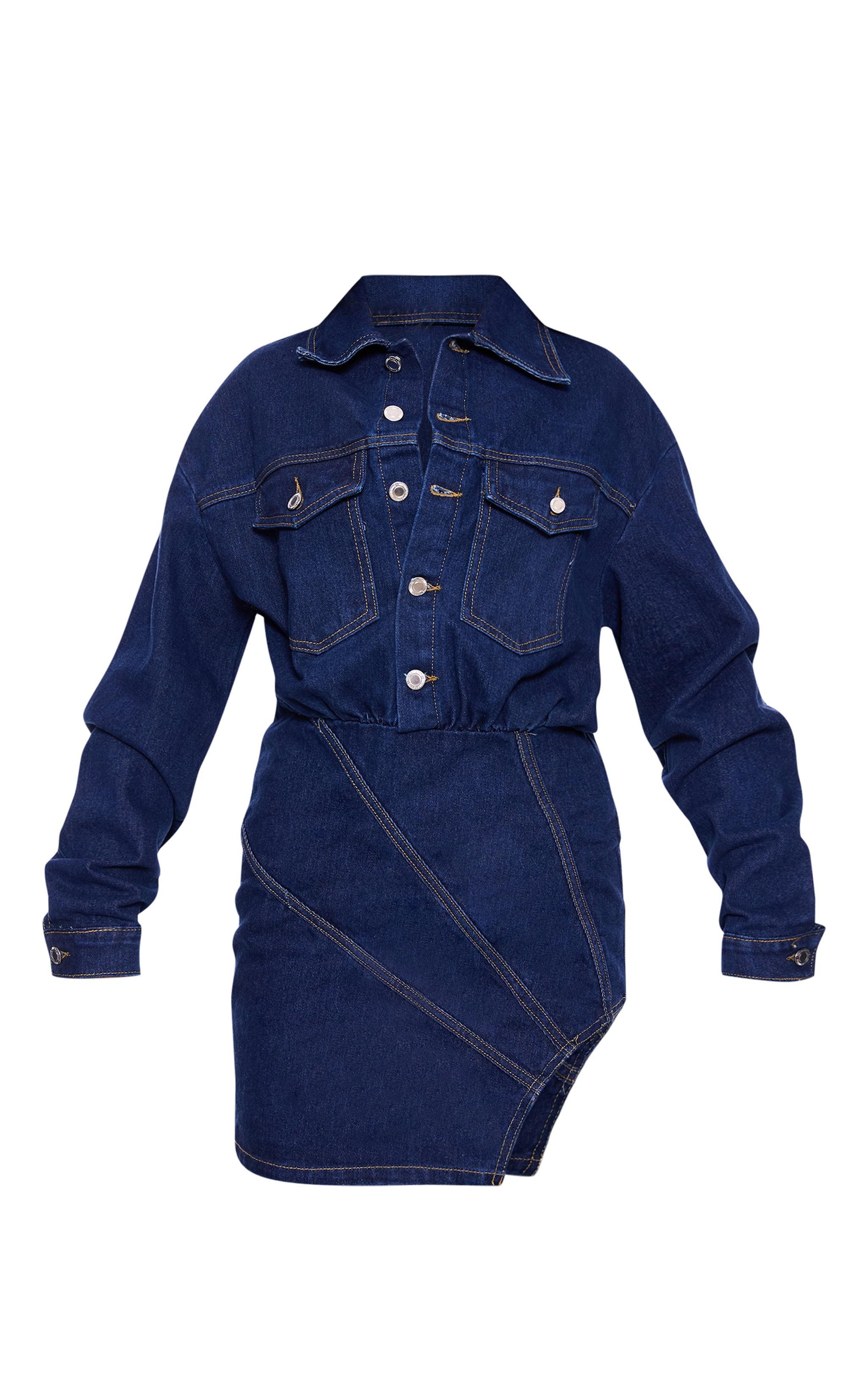 Indigo Blue Wash Seam Detail Curved Hem Denim Mini Dress Product Image