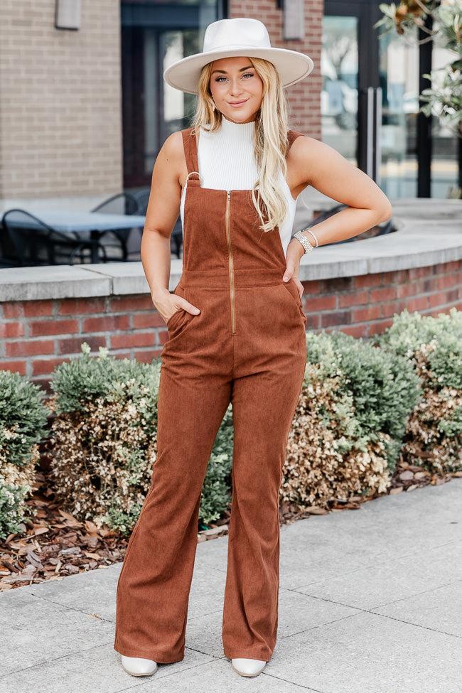 Perfect For You Brown Corded Zip Up Overalls FINAL SALE Product Image