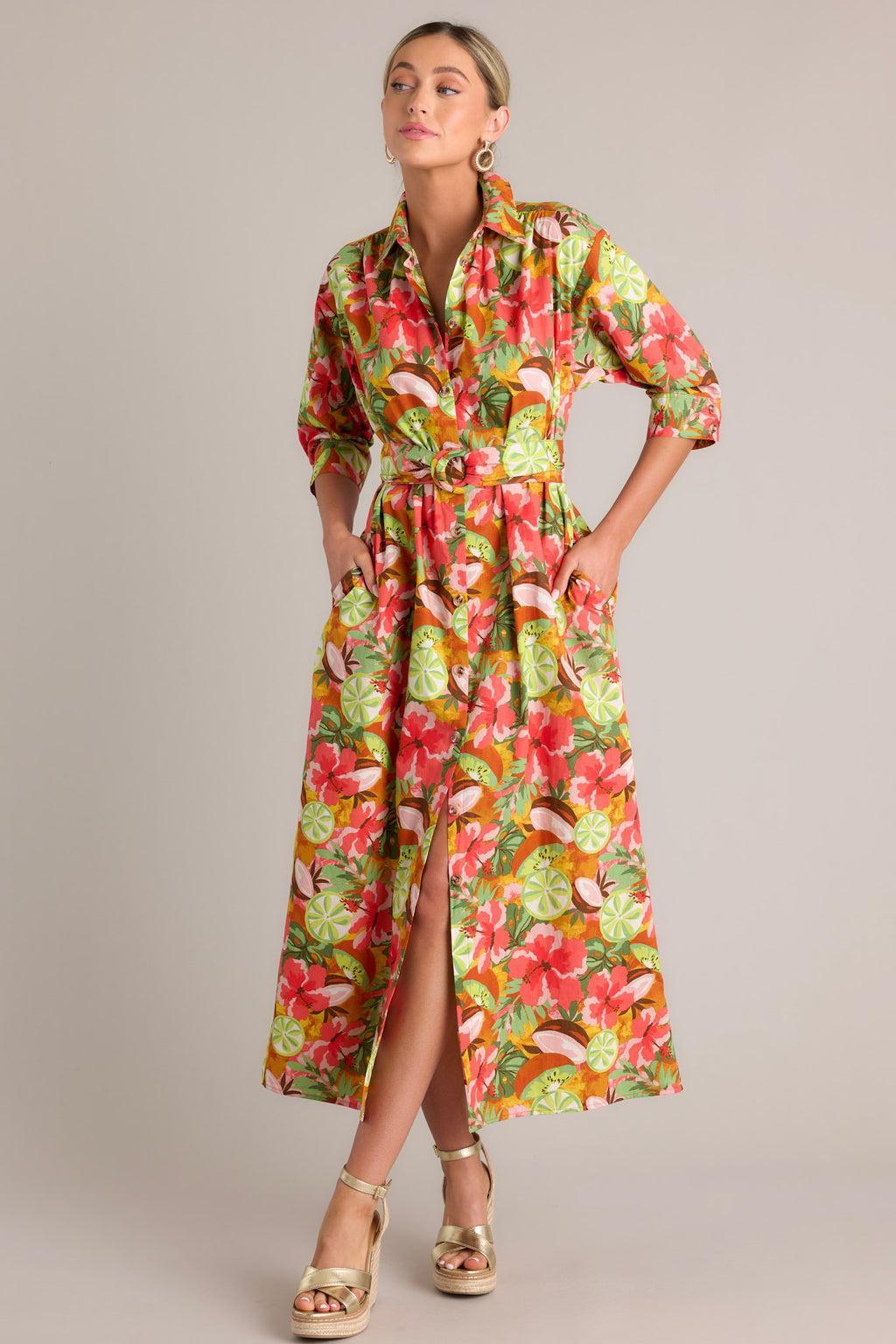 Palm Oasis Dark Coral Tropical Print Midi Dress Product Image