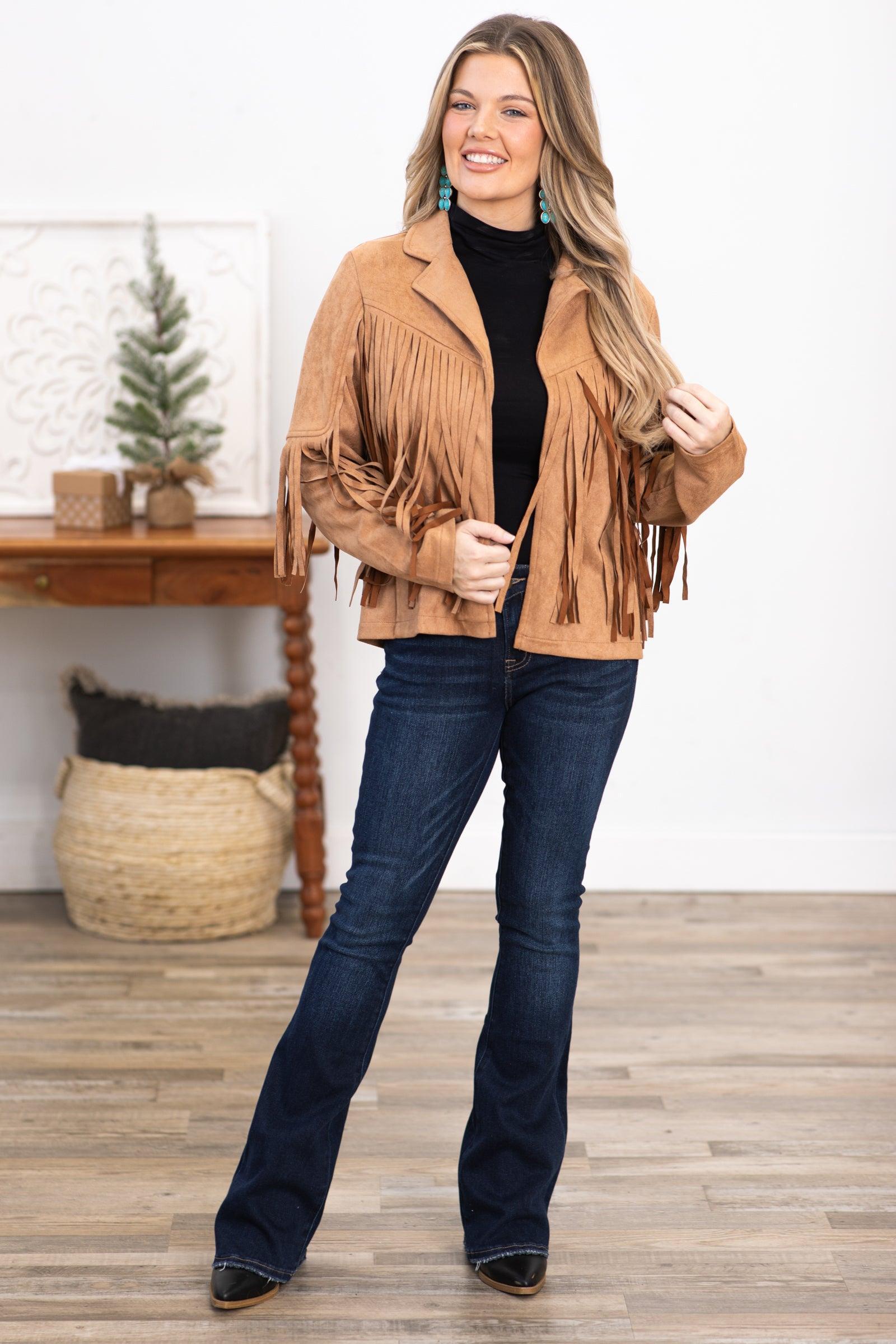 Camel Vegan Suede Jacket With Fringe Product Image