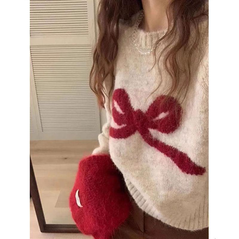 Round Neck Bow Patterned Sweater Product Image