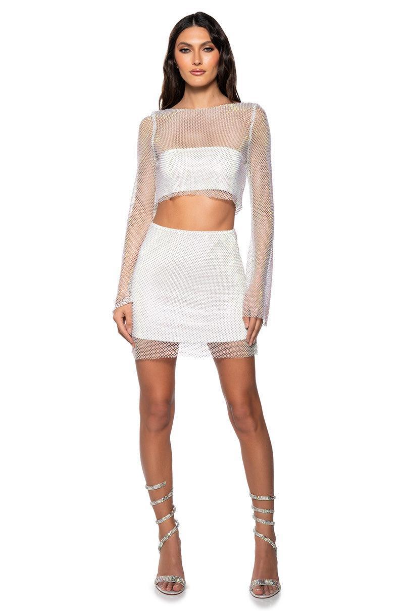 FLASHING LIGHTS RHINSTONE MESH LONG SLEEVE TOP IN WHITE Product Image