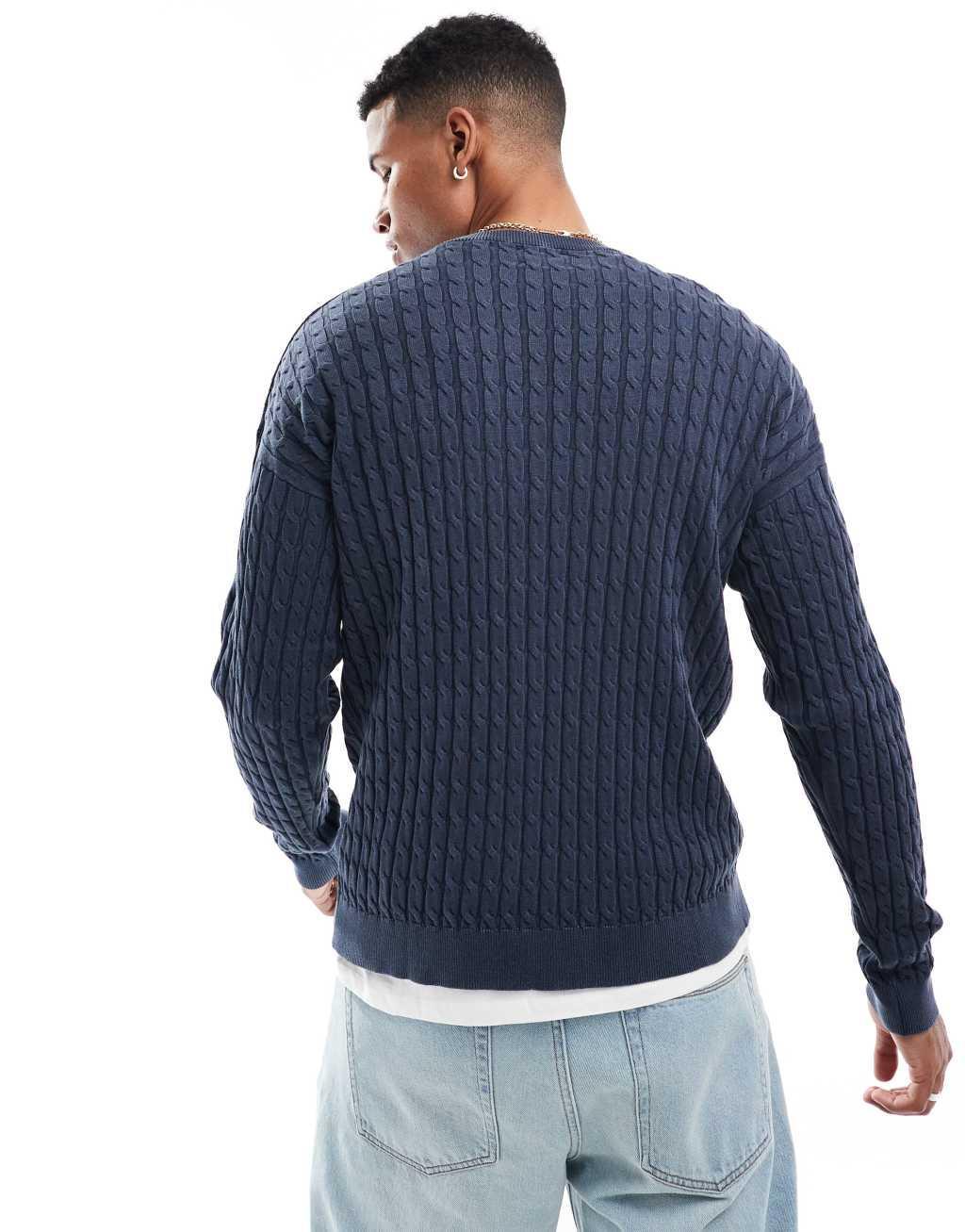 ASOS DESIGN relaxed washed knit cable knit sweater in navy Product Image