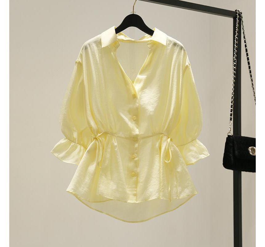 Puff-Sleeve Plain Peplum Shirt Product Image