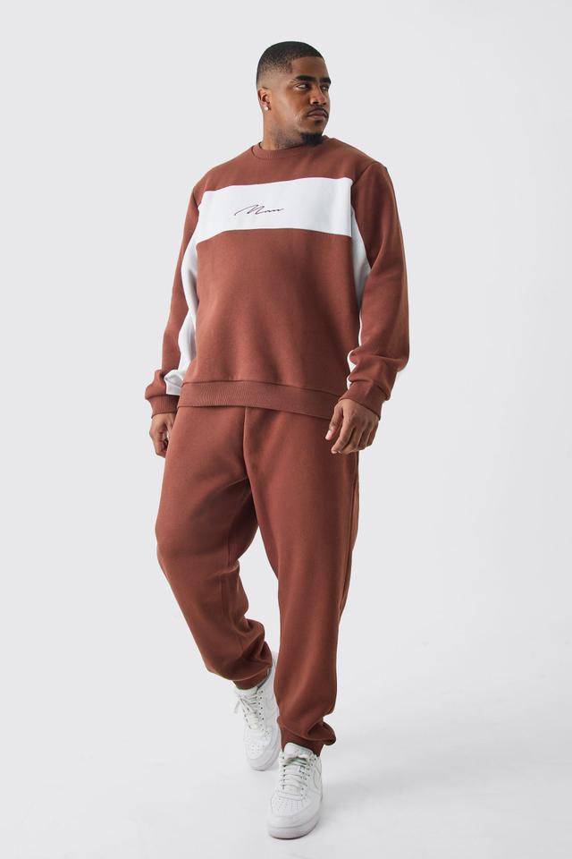 Plus Colour Block Man Sweatshirt Tracksuit In Chocolate | boohooMAN USA Product Image