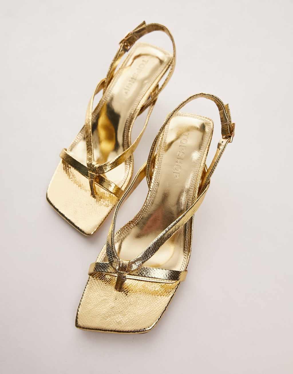 Topshop Issy toe post strappy heeled sandals in gold lizard Product Image