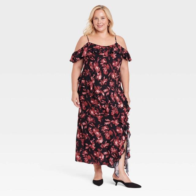 Womens Cold Shoulder Midi Dress - A New Day Black/Red Floral 4X Product Image