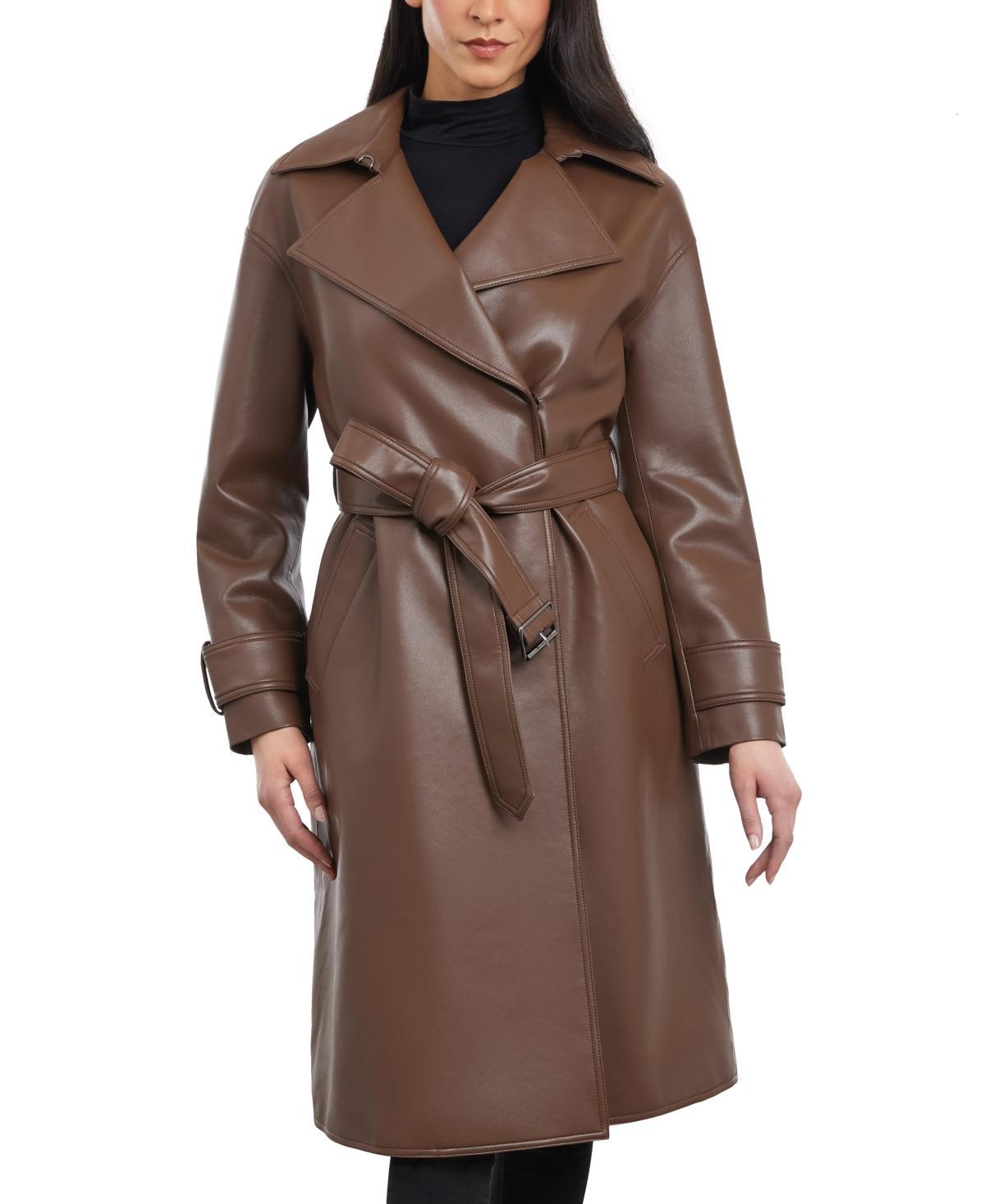 BCBGeneration Womens Faux-Leather Belted Trench Coat Product Image