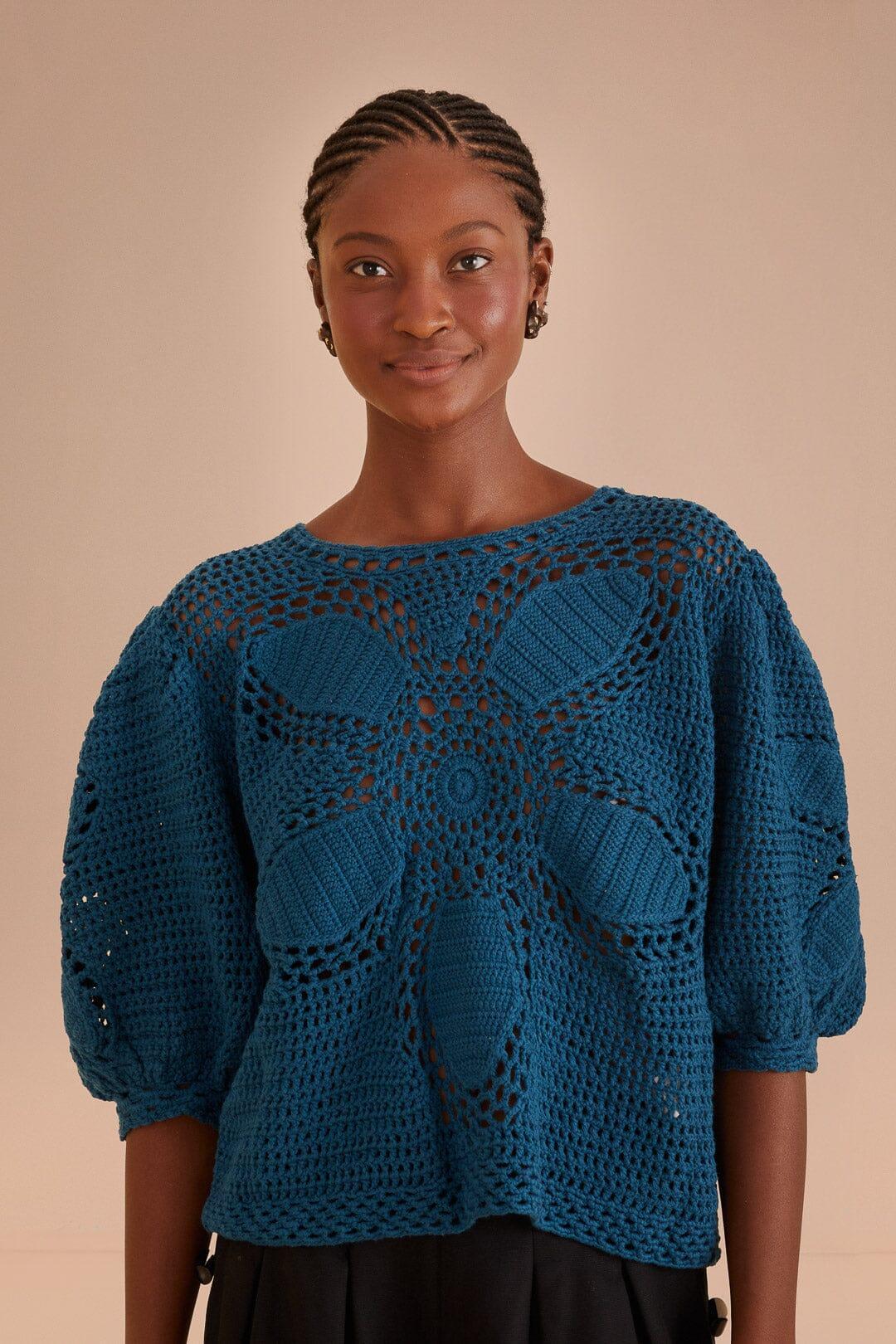 Teal Flower Draw Crochet Blouse, TEAL / XL Product Image