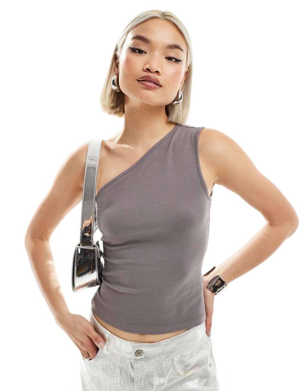 Weekday Cindy one shoulder top in mole exclusive to ASOS Product Image