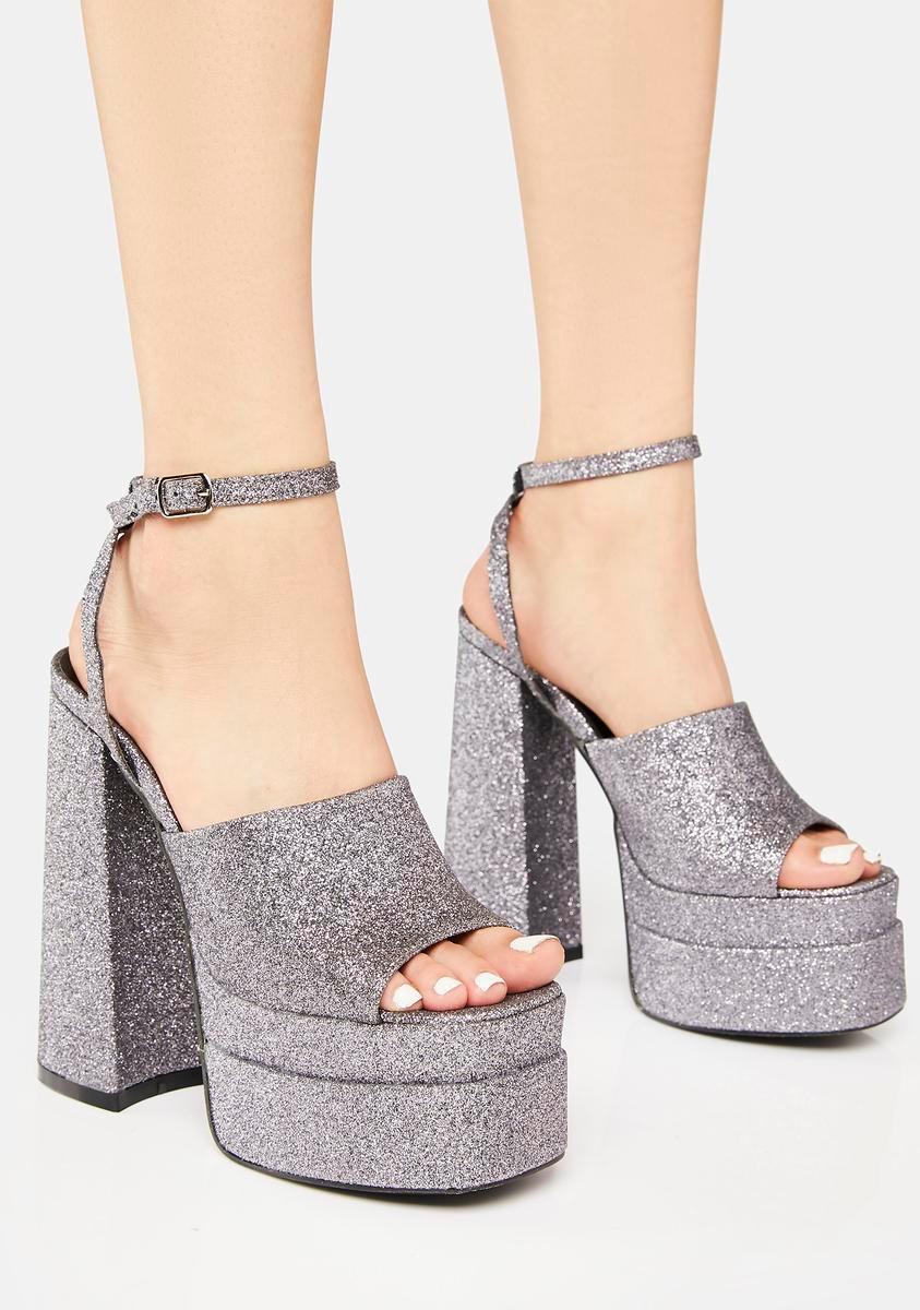 Glitter Peep Toe Platform Heels - Silver Product Image