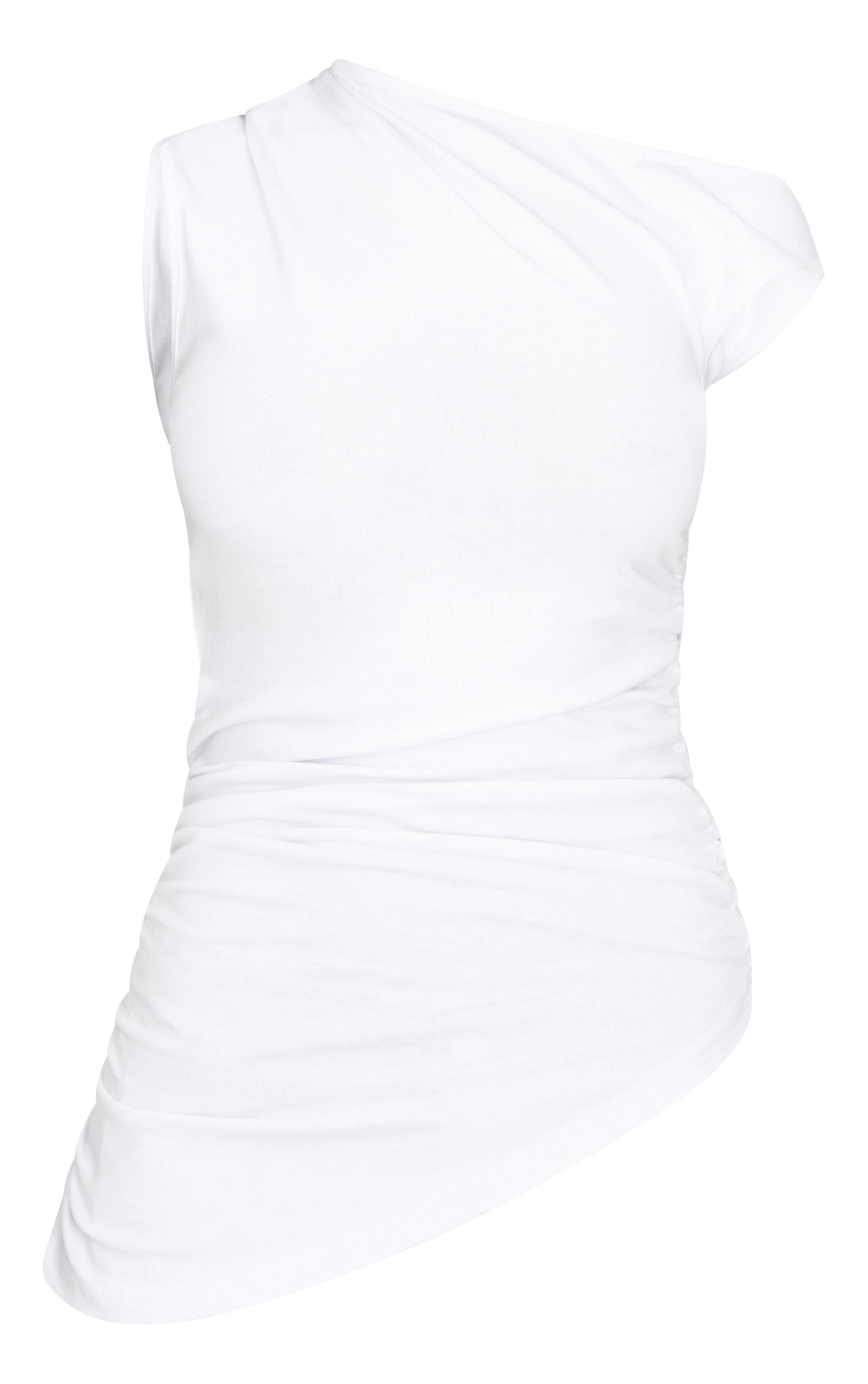 White Asymmetric Shoulder Ruched Longline Top Product Image