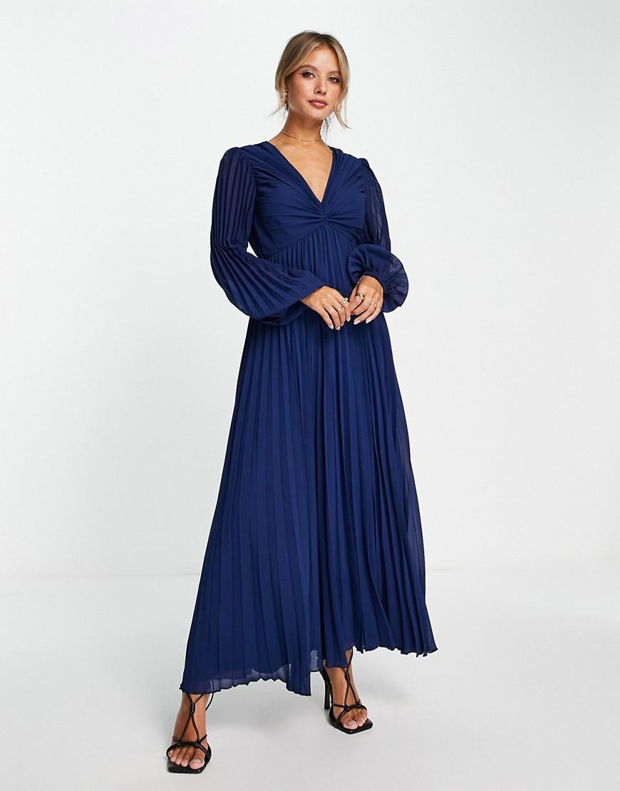 ASOS DESIGN pleated bodice plunge neck midi dress in navy Product Image