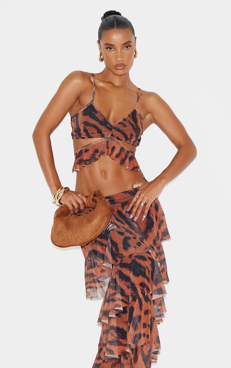 Brown Animal Printed Mesh Frill Wrap Detail Crop Top Product Image