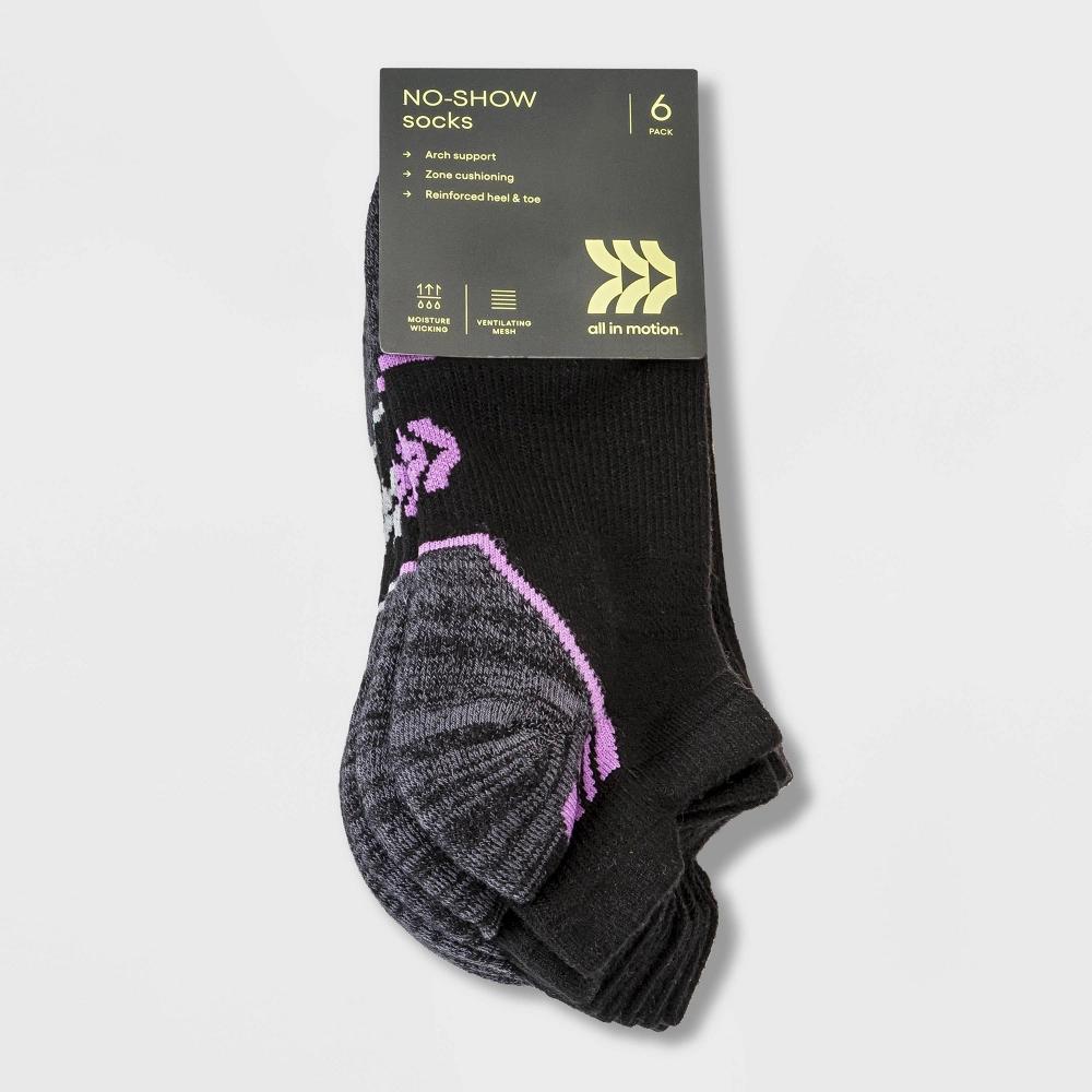 Women's Cushioned Active Striped 6pk No Show Tab Athletic Socks - All In Motion™ Black 4-10 Product Image