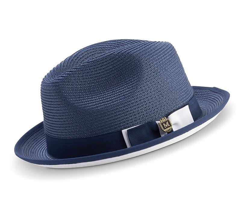 Two Tone Ribbon Stingy Brim Pinch Braided Fedora - Chambray with White Bottom Product Image