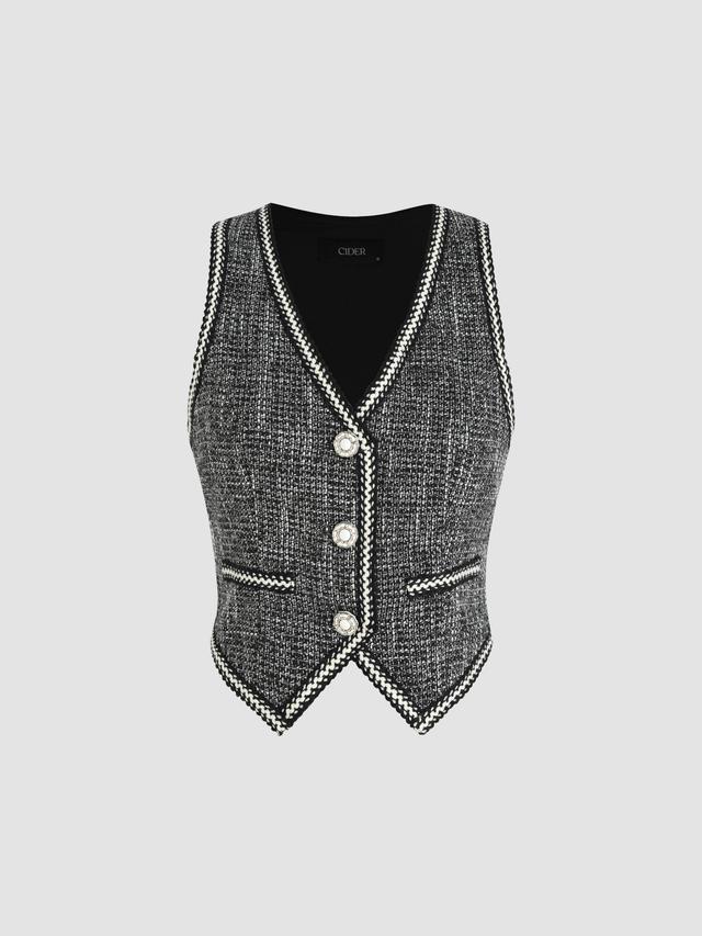 Tweed V-neck Solid Button Crop Vest Product Image