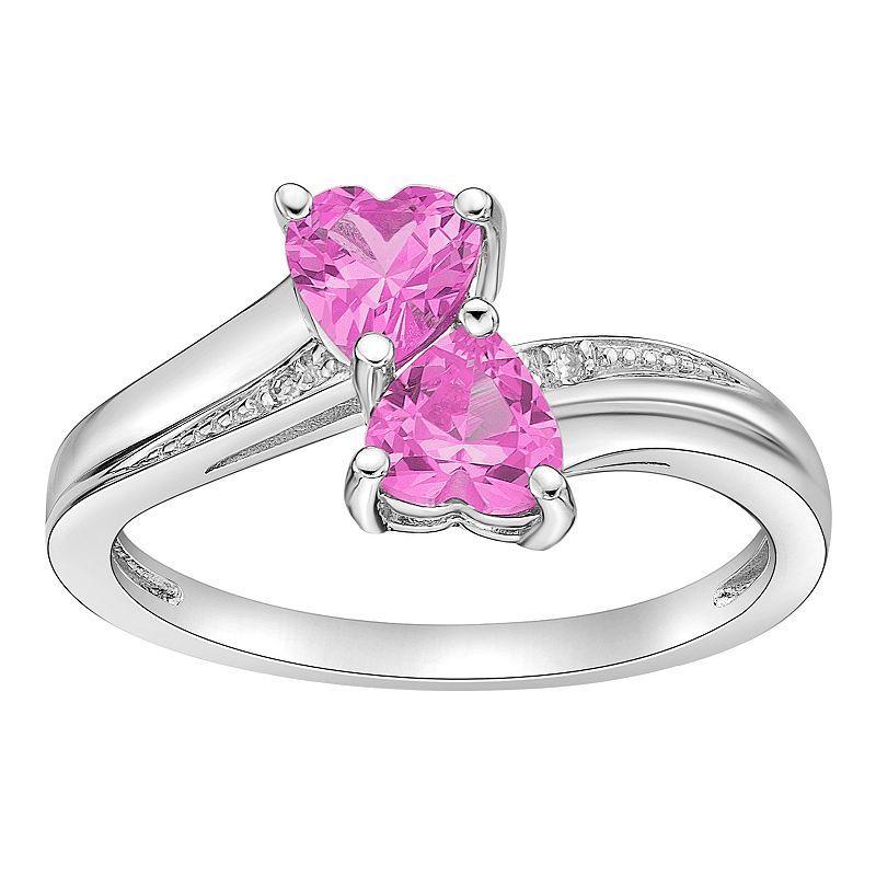 Gemminded Sterling Silver Gemstone & Diamond Accent Double Heart Bypass Ring, Womens Pink Product Image