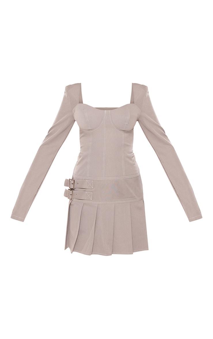 Grey Twill Buckle Contrast Stitch Pleated Shift Dress Product Image