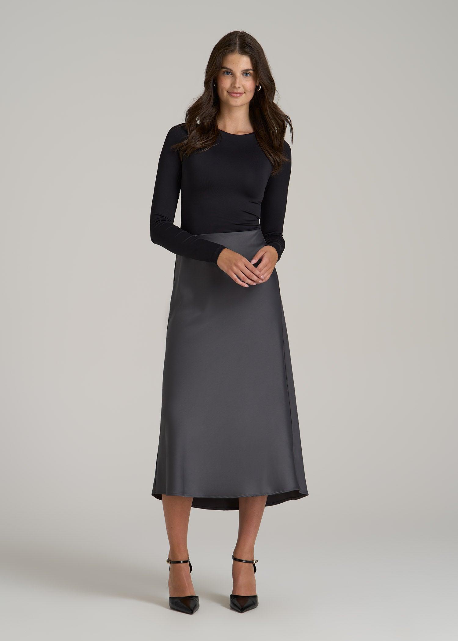 Pull-On Satin Midi Skirt for Tall Women in Charcoal Product Image