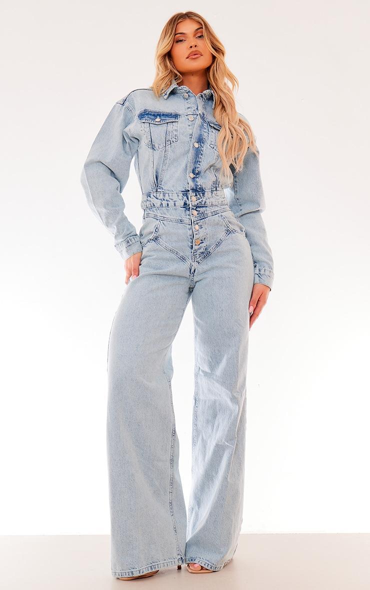 Light Blue Wash Seam Detail Button Up Denim Jumpsuit Product Image