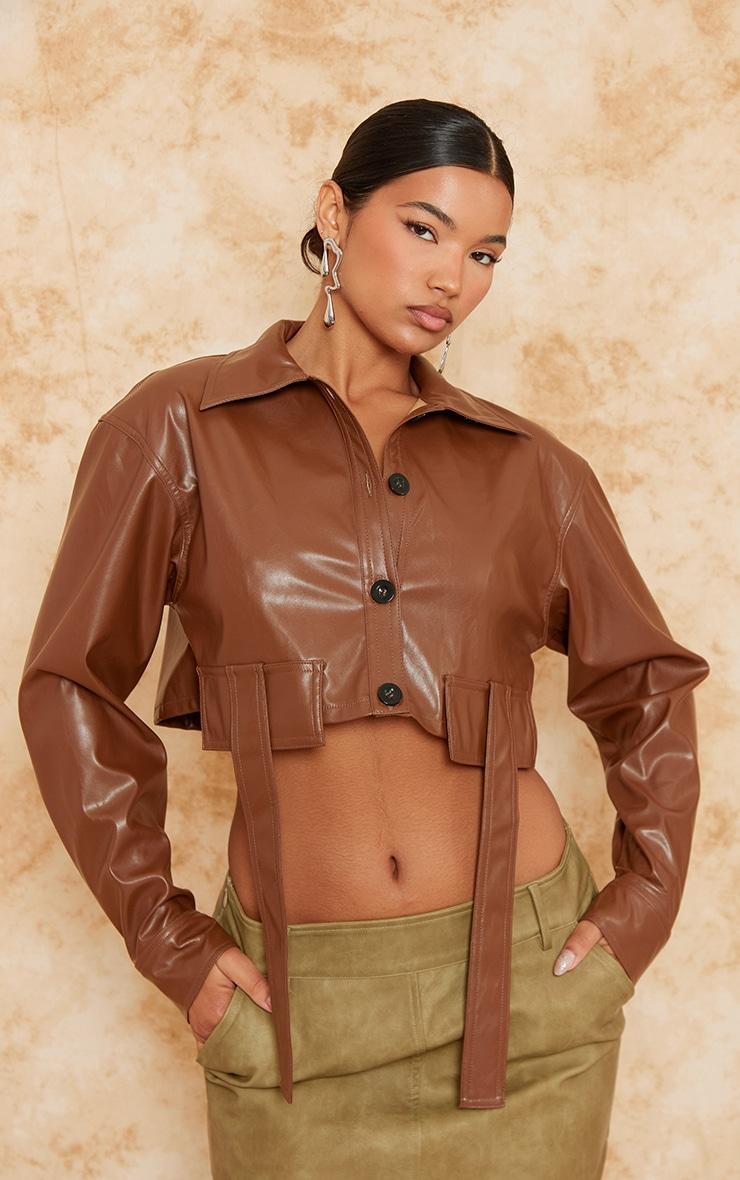 Light Chocolate Faux Leather Cropped Utility Pocket Button Detail Shirt product image