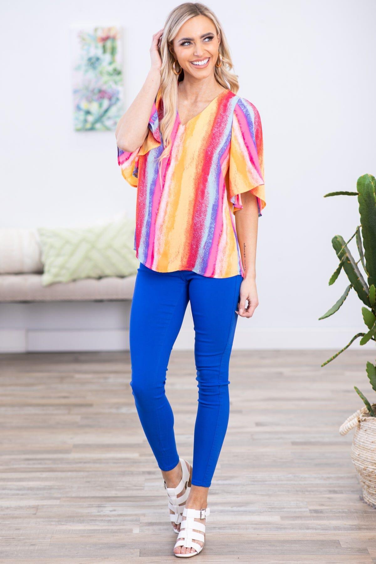 Red and Yellow Multicolor Vertical Stripe Top Product Image