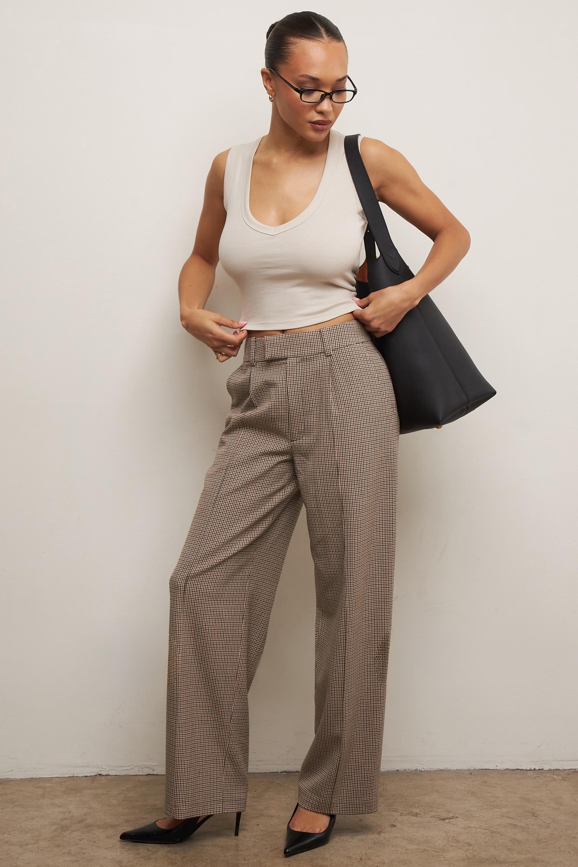 Hayden Brown Puppytooth Wide Leg High Waist Tailored Trousers Product Image