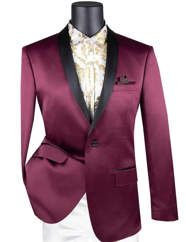 Wine Slim Fit Blazer Stretch Sateen 1 Button With Narrow Shawl Lapel Product Image