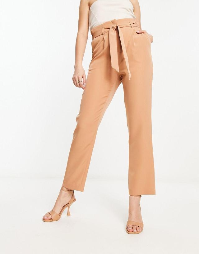 New Look paperbag tie waist straight leg pants in camel Product Image