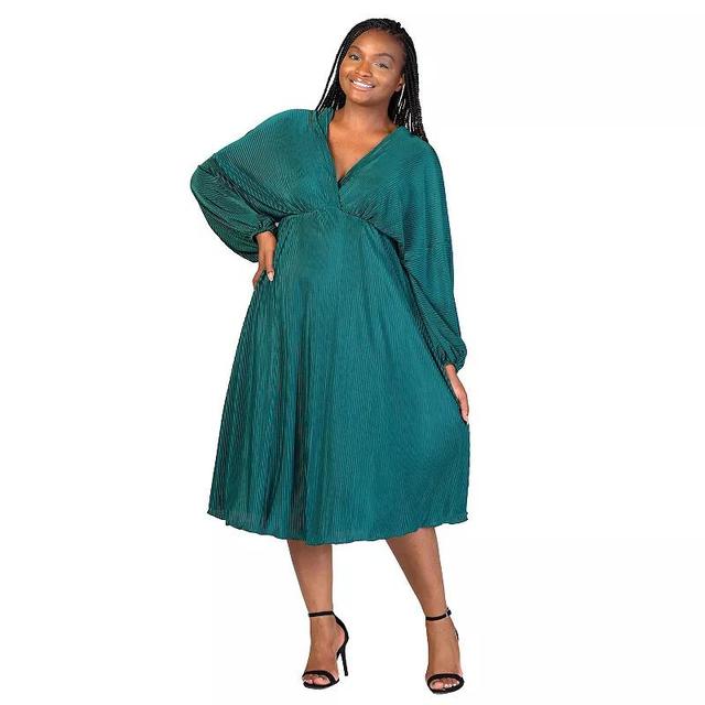 Plus Size 24Seven Comfort Apparel Shimmer Pleated V Neck Empire Waist Bishop Sleeve Midi Dress, Womens Product Image