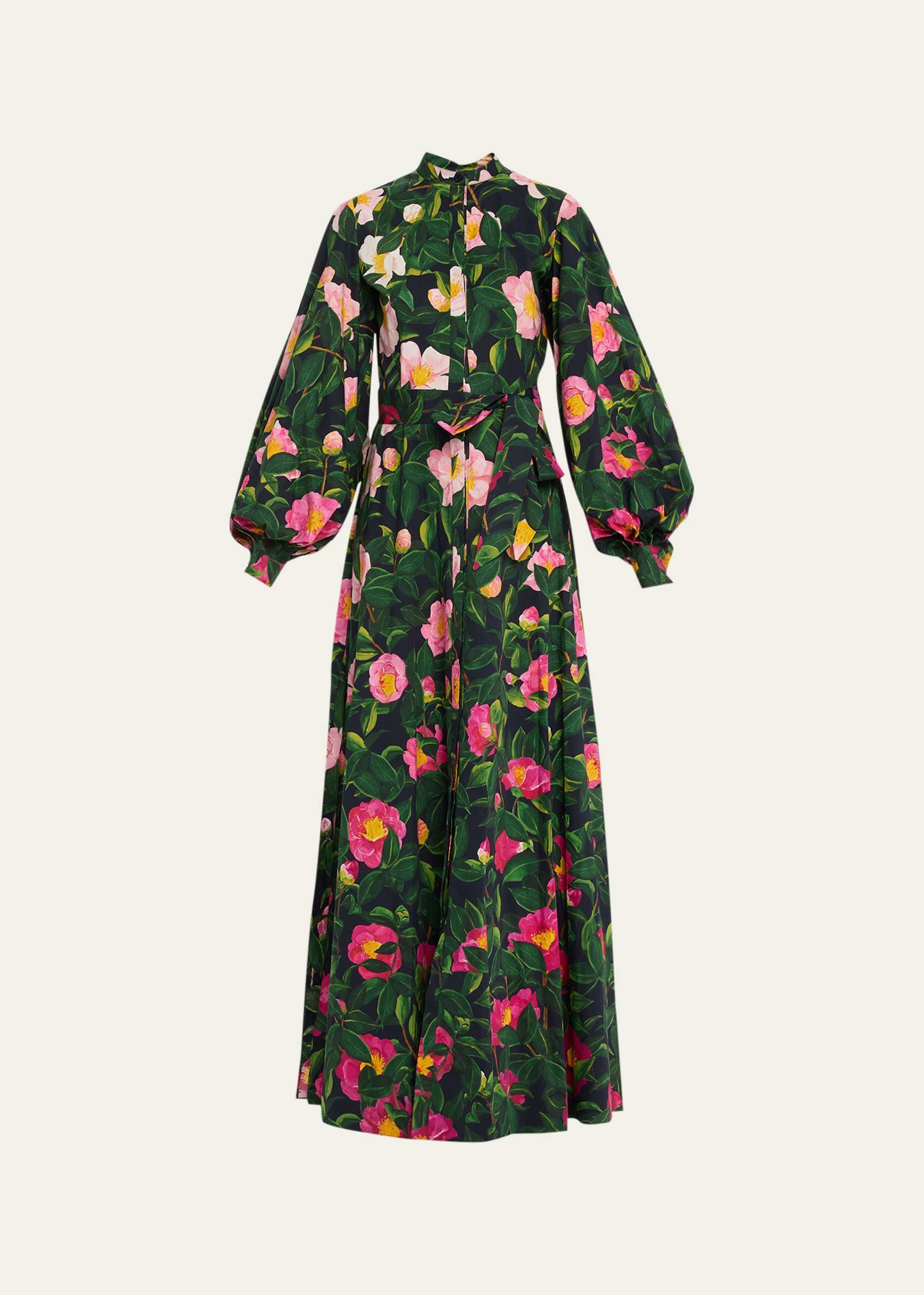 Oscar de la Renta Camellia Print Belted Long Sleeve Shirtdress Product Image