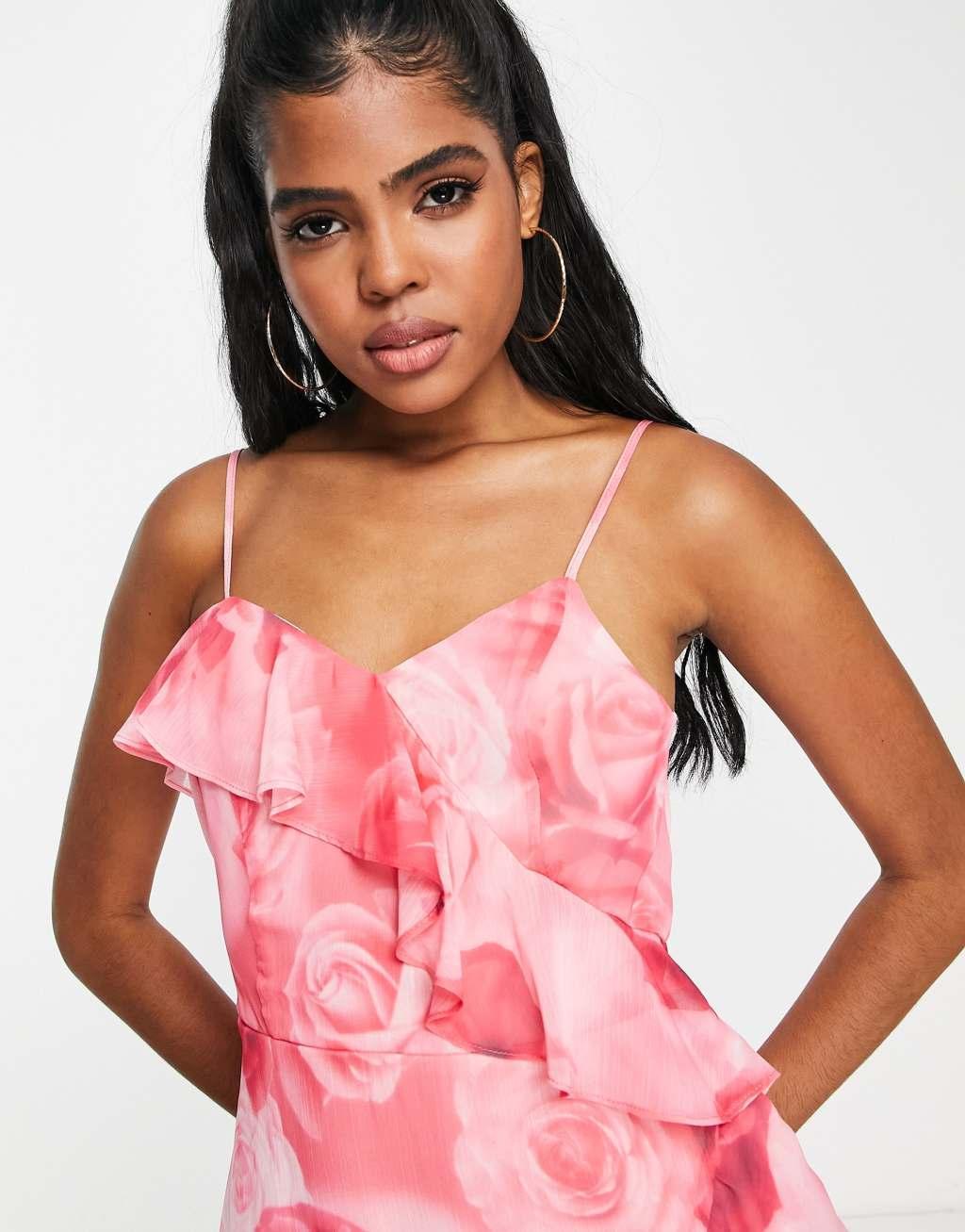 Miss Selfridge chiffon asymmetrical hem mini dress in oversized rose  Product Image