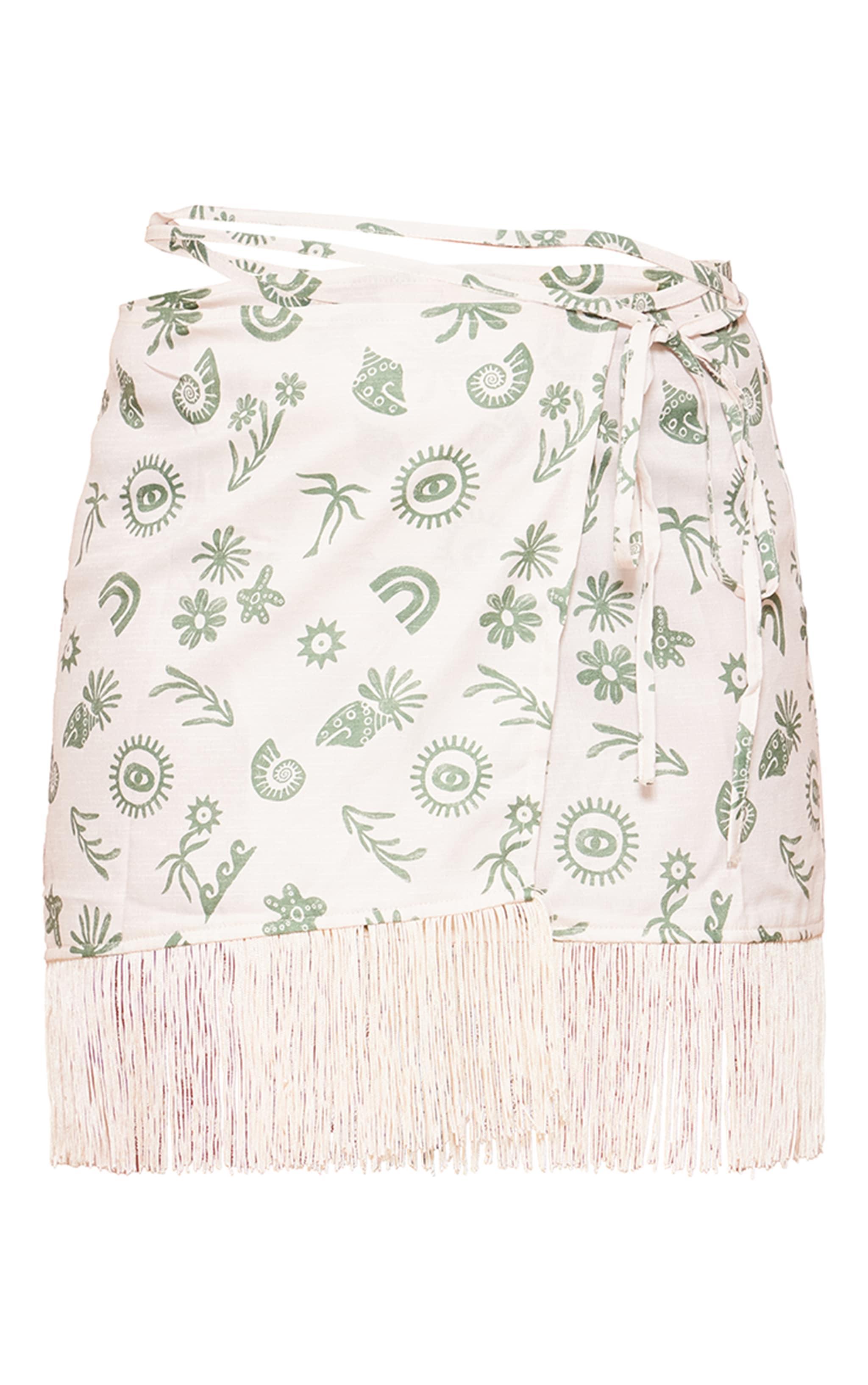 Green Mozaic Print Tassel Hem Wrap Mini Skirt Product Image