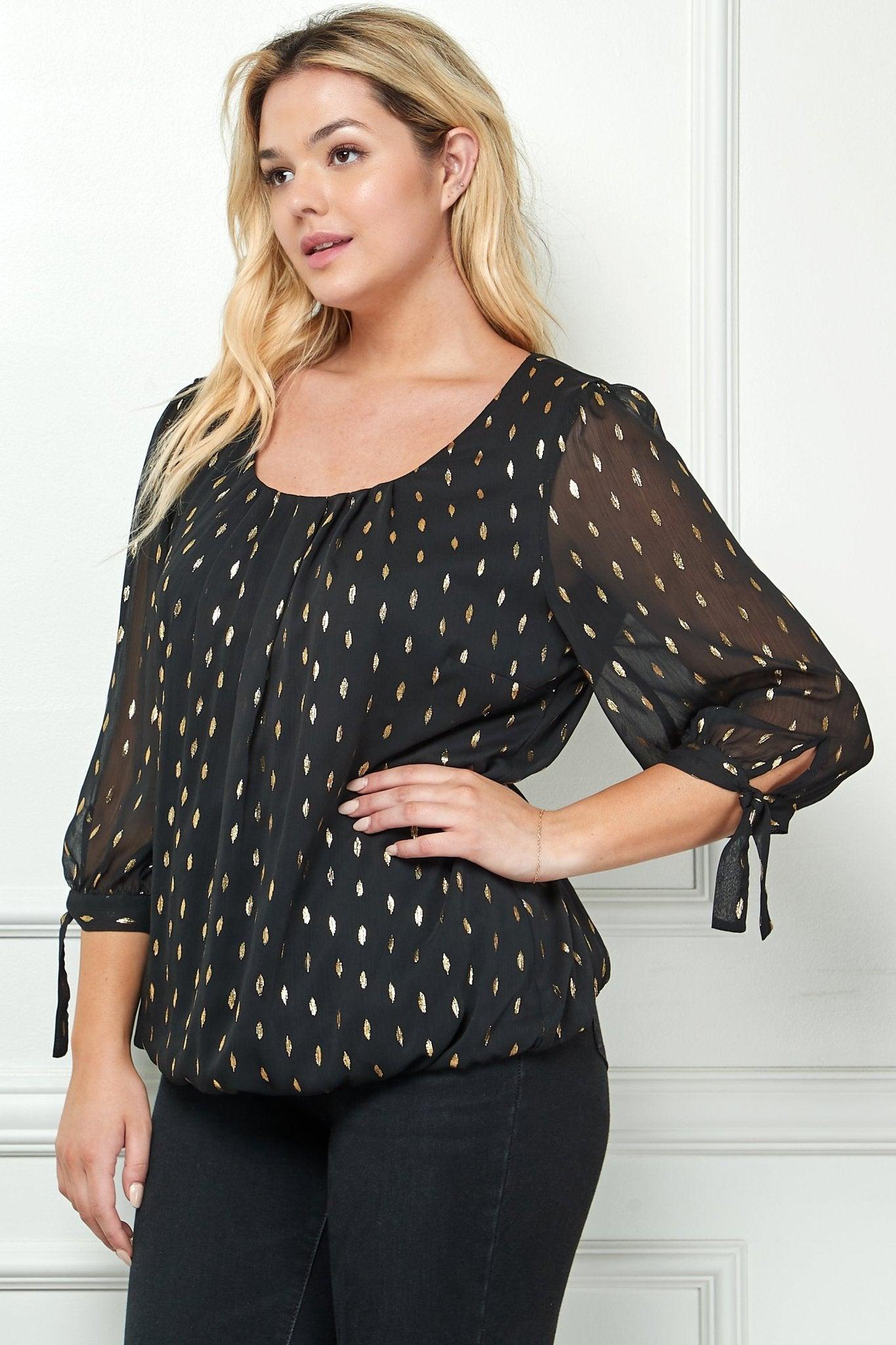 Black 3/4 Tie Sleeve Bubble Blouse - Plus Product Image