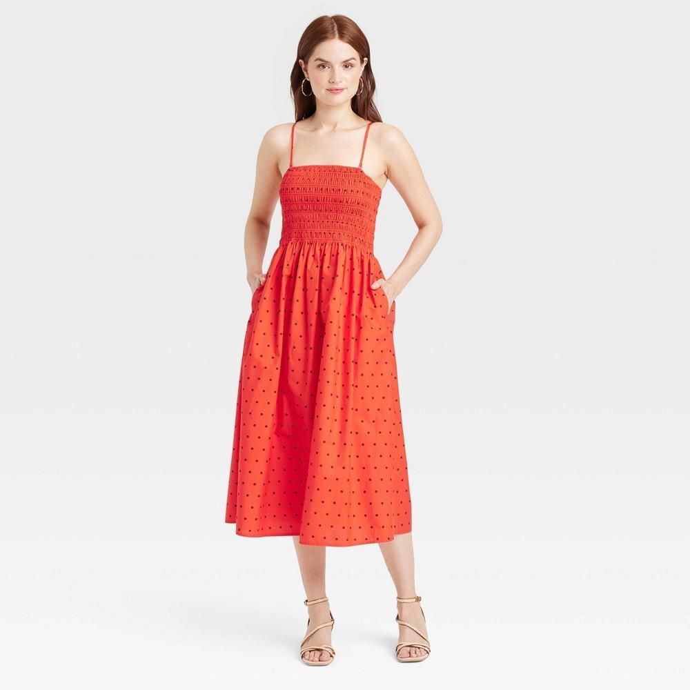 Womens Easy Summer Smocked Midi Sundress - A New Day Red Dot XS Product Image