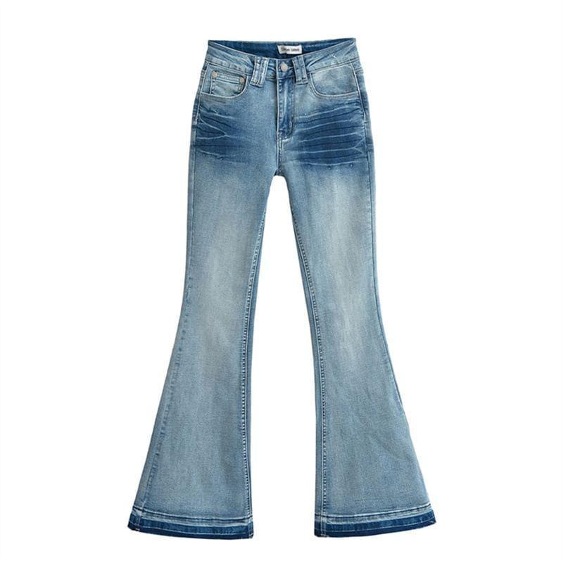 High Waist Washed Frayed Flared Jeans Product Image