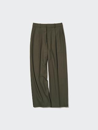 Womens Pleated Wide Pants Tall Olive Small UNIQLO US product image