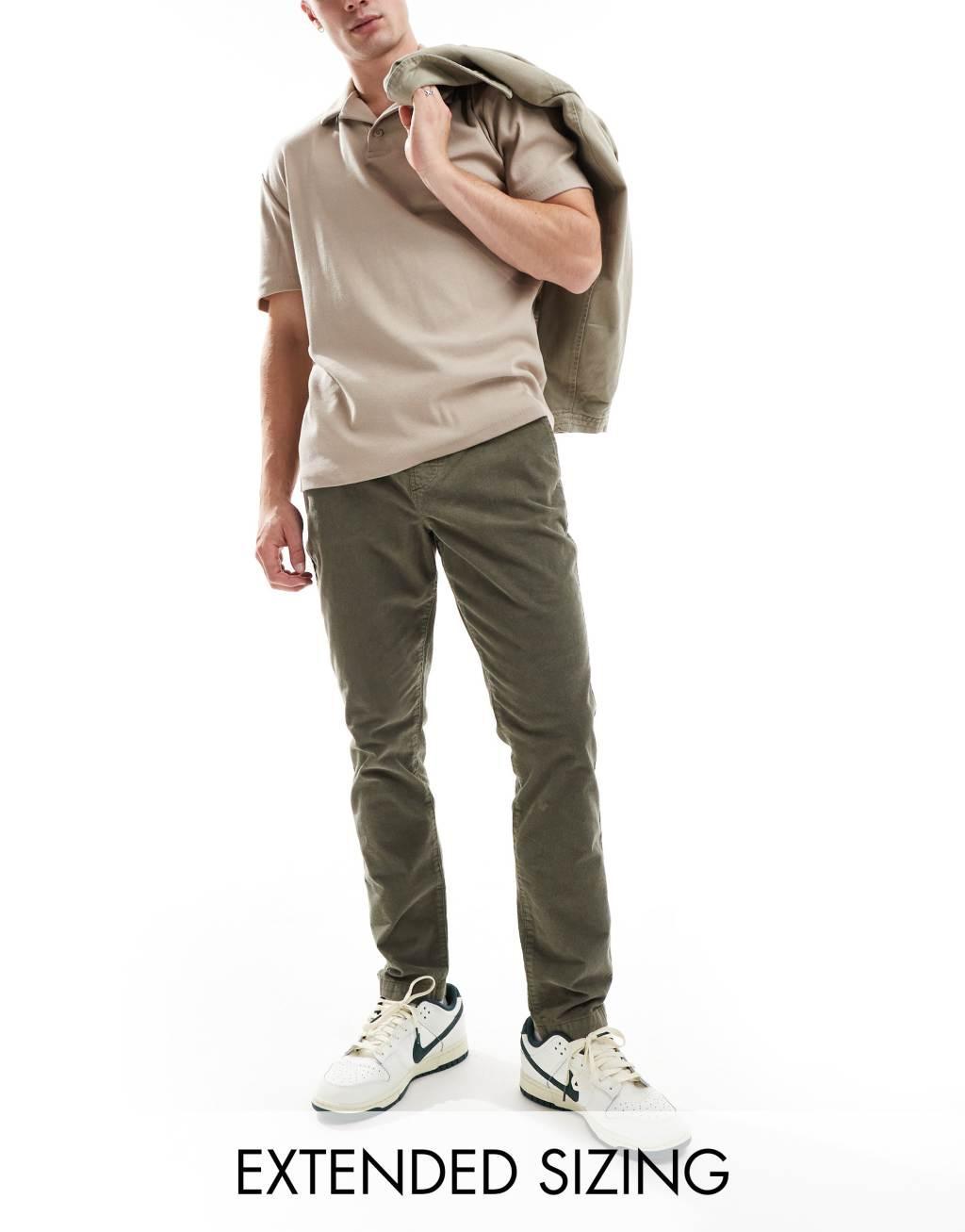 ASOS DESIGN tapered fit corduroy pants with elastic waist in khaki Product Image