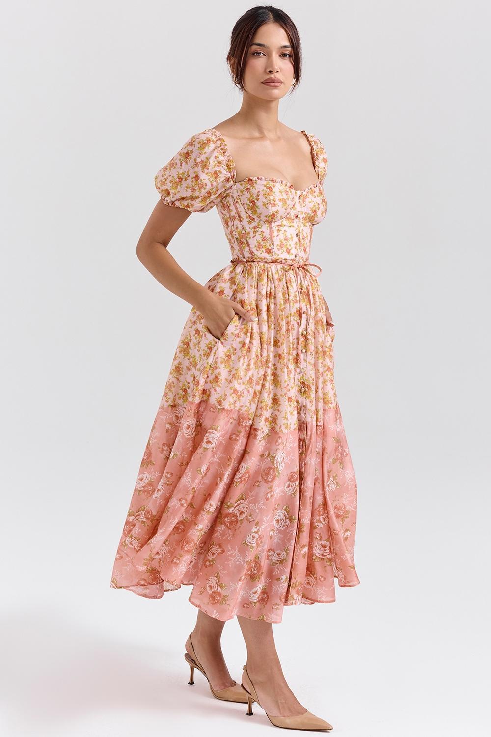 Penelope Peach Poppy Print Puff Sleeve Midi Sundress Product Image