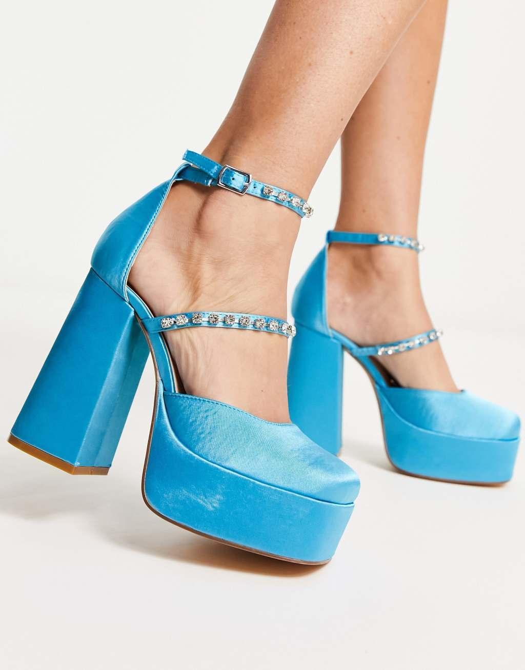 London Rebel mega platform embellished heeled shoes in blue satin Product Image