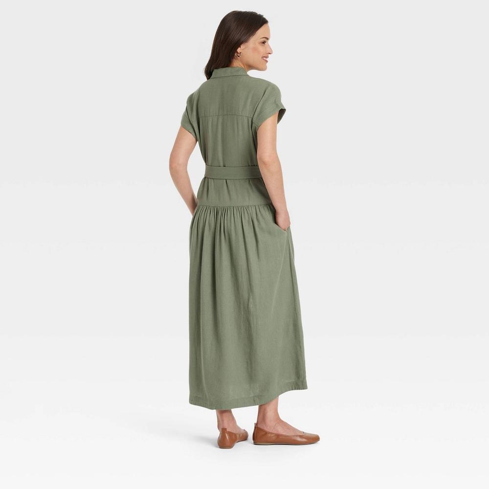 Womens Short Sleeve Belted Midi Shirtdress - Universal Thread Olive M Product Image