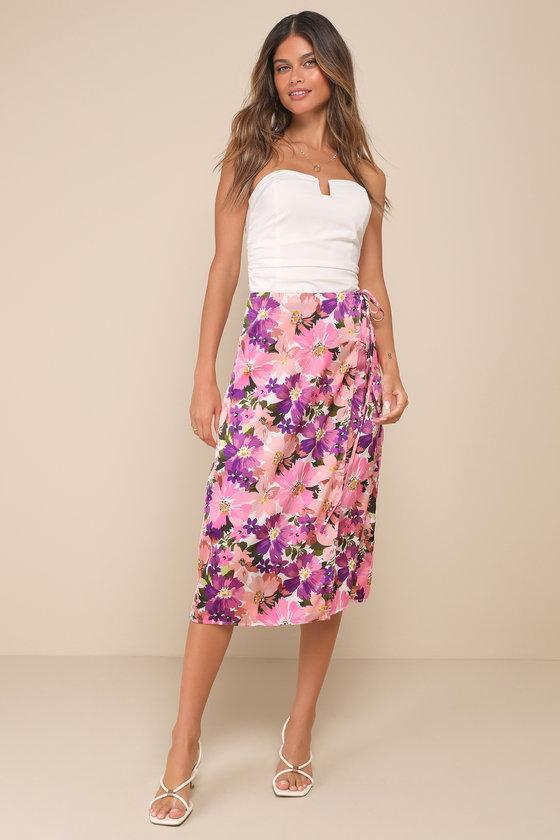 Thriving Spirit Pink Multi Floral Satin Side-Tie Midi Skirt Product Image