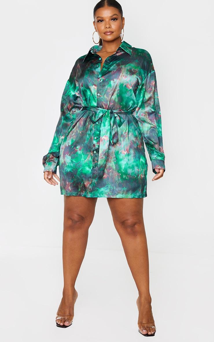 Plus Green Flame Tie Dye Printed Tie Waist Shirt Dress Product Image